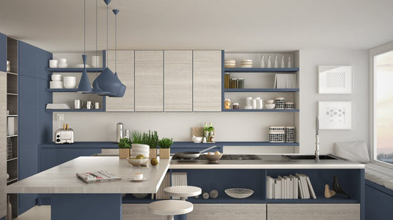Steel Blue and Creamy Beige

Evocative of pristine white beaches, cloudy skies and deep seas, this classic colour combination is a perennial favourite. The open shelves, done up in contrasting colours, add to the charm of this lovely two-tone kitchen.